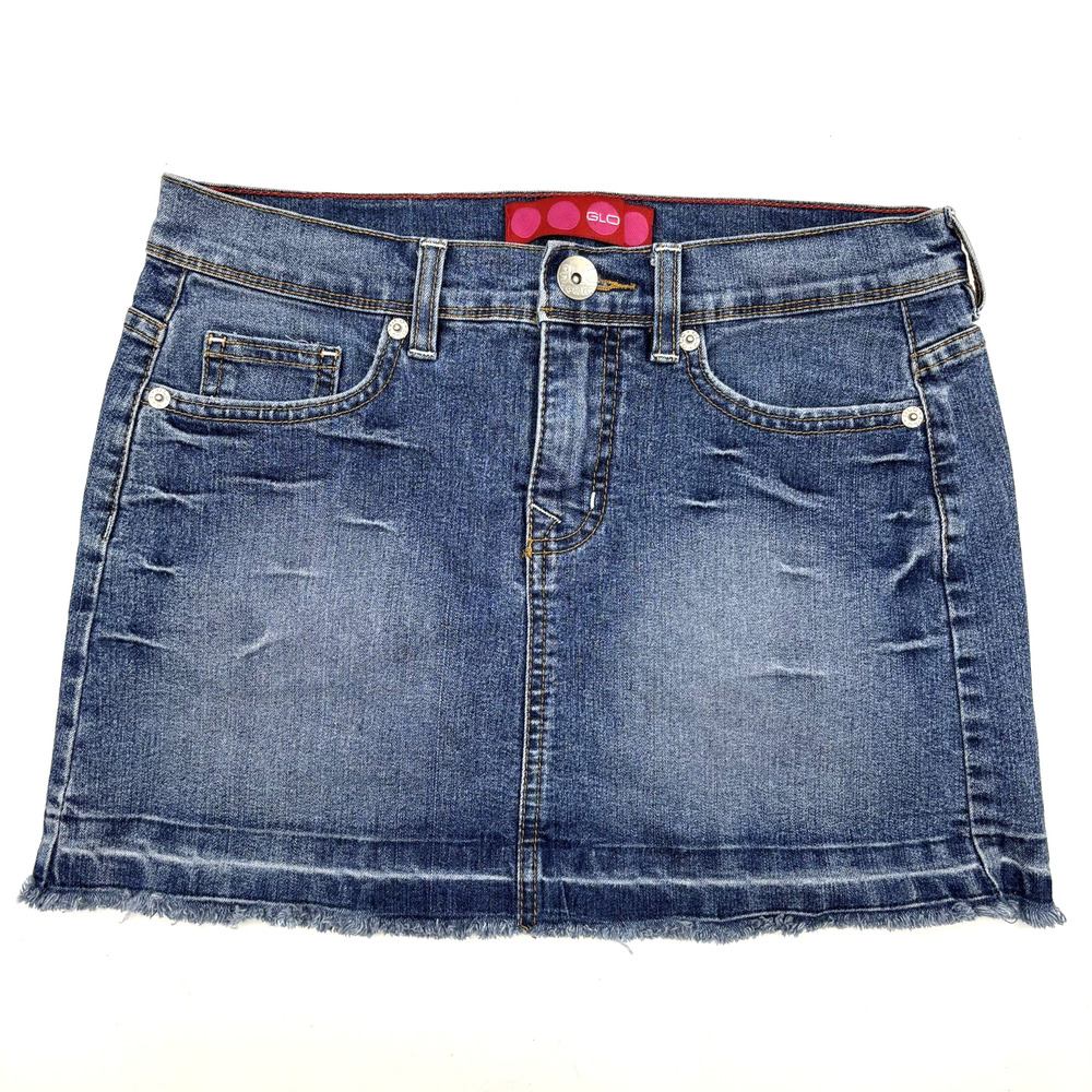 Vintage Y2K GLO Med Wash Rhinestone Raw Hem Stretch Denim Mini Skirt 5 28x12"